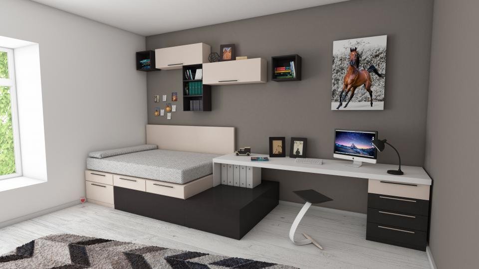 A bedroom with a built-in desk and shelving alongside the bed